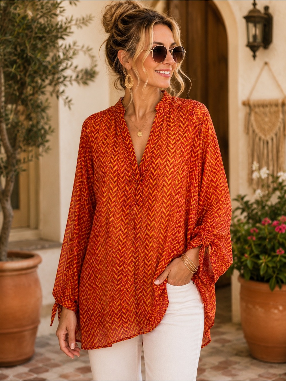 Tacera Chevron Tunic Blouse 2X Orange Red Boho V-Neck Sheer Plus Size